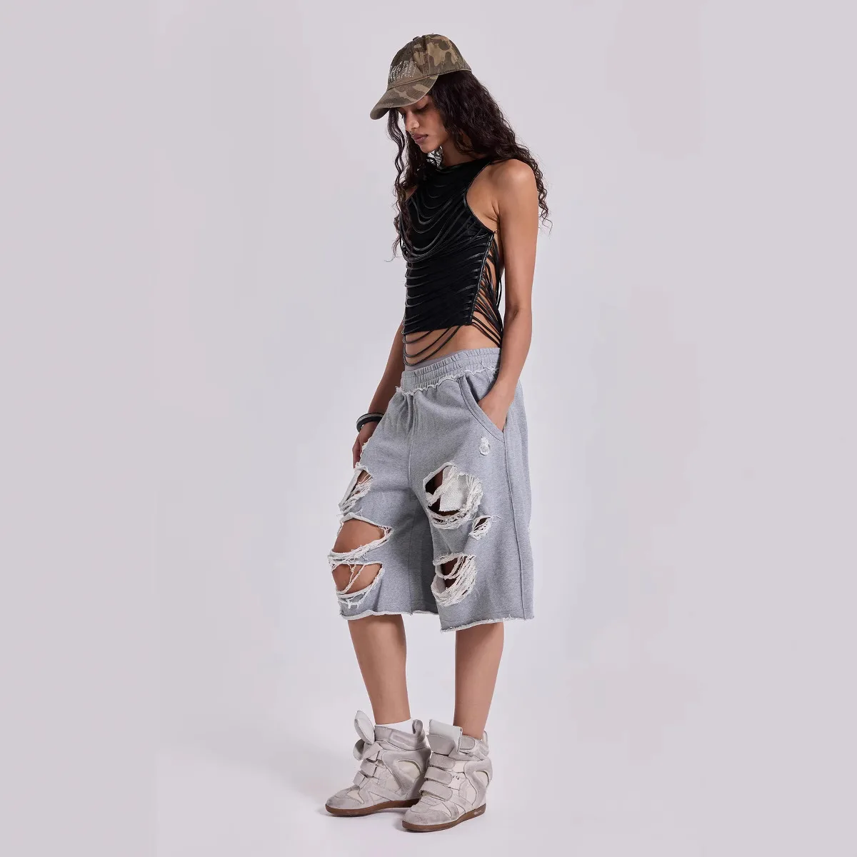Cross-Border TK Bestseller Jaded orts Streetwear Hip Hop Hole Design Loose Hot Girls Five-Part Pants Casual Loose Fit