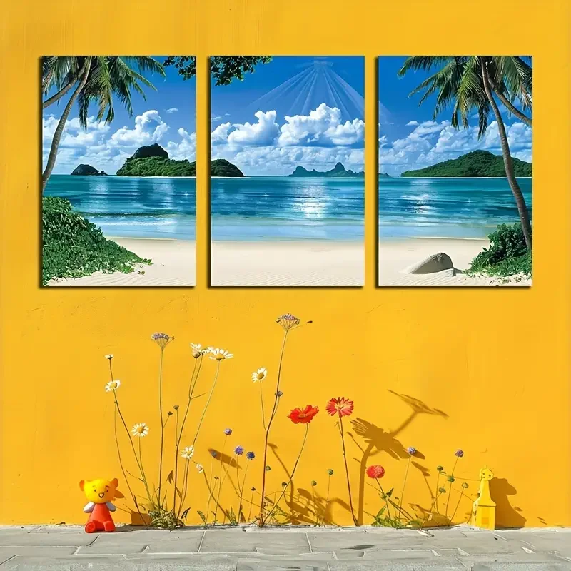 Canvas Wall Art Trio - Beach Panorama, Frameless 3-Piece Set, 12x18 Inch, Coastal Decor for Bedroom and Living Room, Sunlit Seas