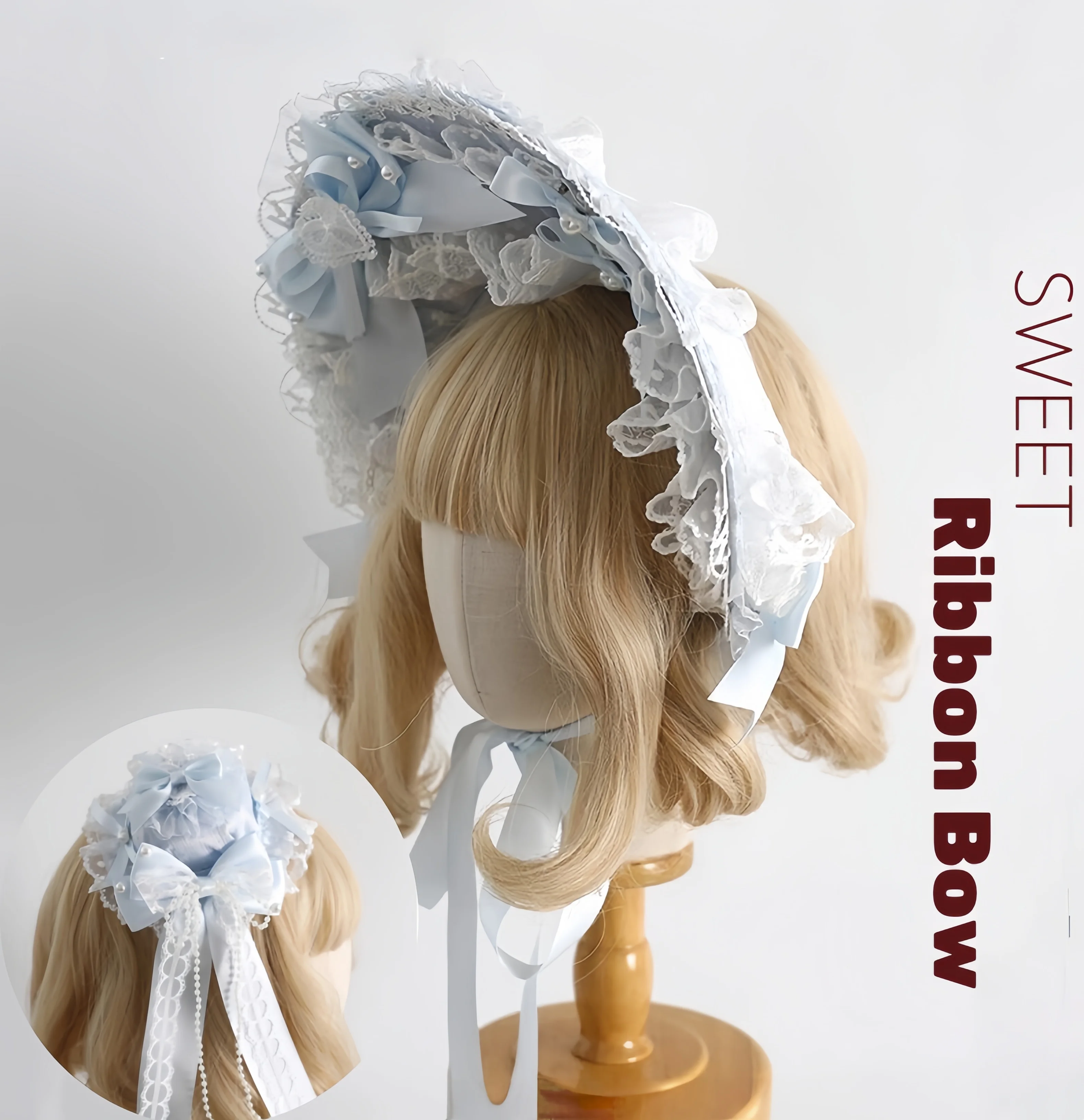 

New Original Handmade Blue Fate Ribbon Bow Small Hat Cosplay Headband Sweet Girl KC bnt Bonnet Hand Sleeve Headpiece