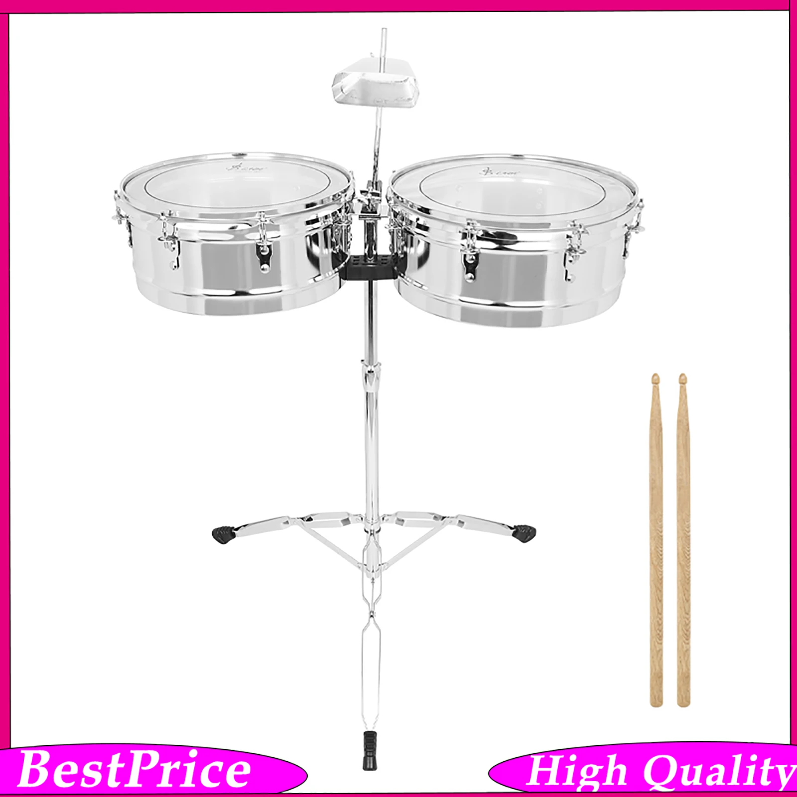 SLADE 14 Inch & 15 Inch Silver Chrome Finish Timpani Drums Timbales Drum Set Adjustable Stand Drumsticks for Band Performance