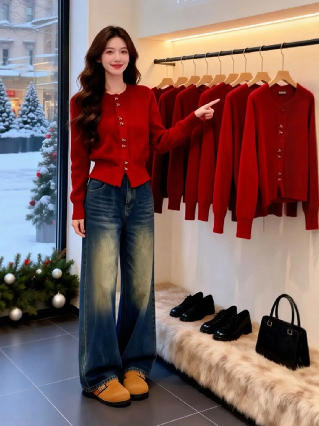 

Красный вязаный свитер для похудения, винтажный, элегантный, красивый, уникальный топ для весенней женской моды, удобный, с длинными рукавами, круглым вырезом...