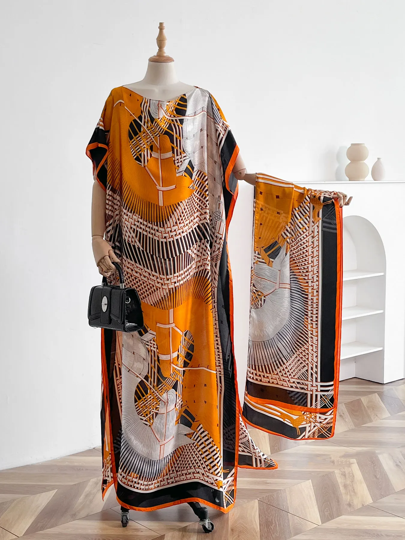 Luxury Geometric Horse Print Satin Abaya Scarf Set, Loose Batwing Maxi Kaftan For Muslim Women Summer Holiday Daily Wear