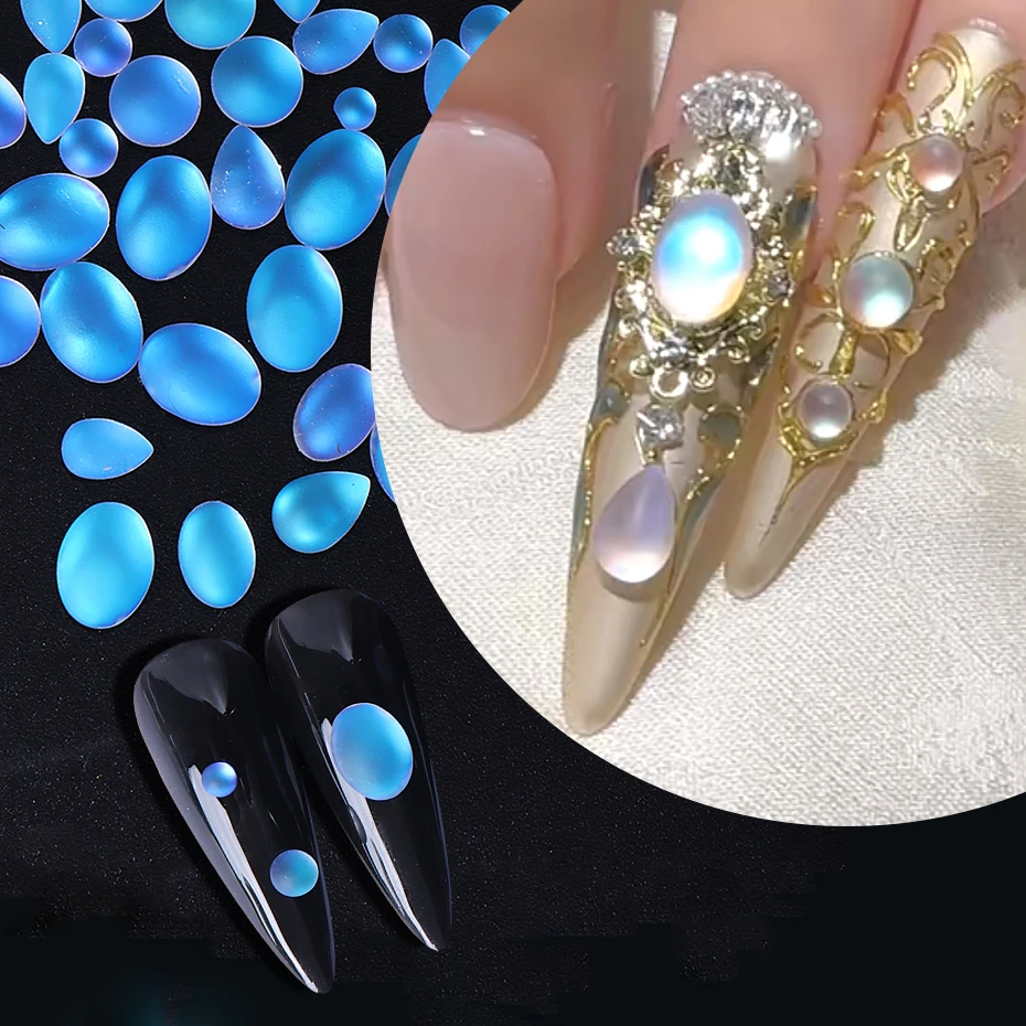 50pcs Mixed Blue Tears Cat Eye Nail Charms Blue Matte Transparent Bottom Water Drop Glass Diamond Nail Rhinestone Manicure Decor