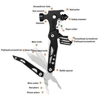 MuqiNush 16合1不銹鋼多功能鉗,內置折疊鉗和破窗錘,適用於野外生存和露營 10 最佳銷售 生存多功能工具 - №10