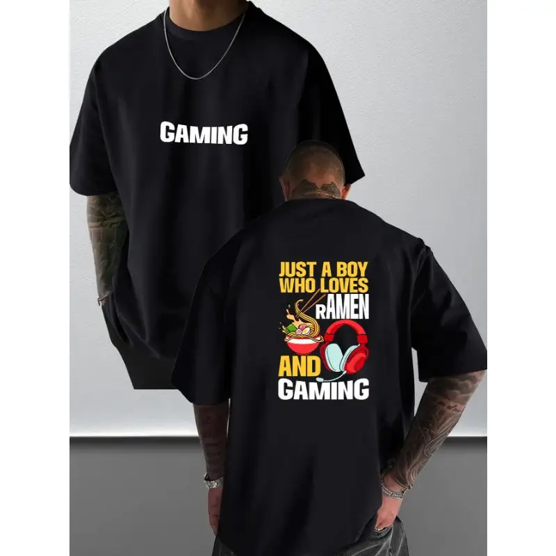 

Men Oversized Gaming T-Shirt Ramen Lover Funny Gamer Graphic Tee Foodie Anime Fan Slogan Loose Casual Top Gift