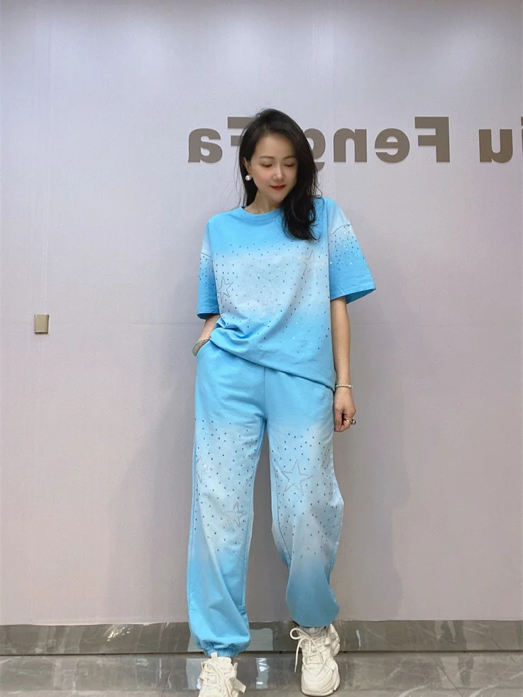 Women Knitted Set Short Sleeve Top Hot Drilling Elastic Waist Pants Casual Two-Piece Set Tie Dye Star Cotton Women Casual Set