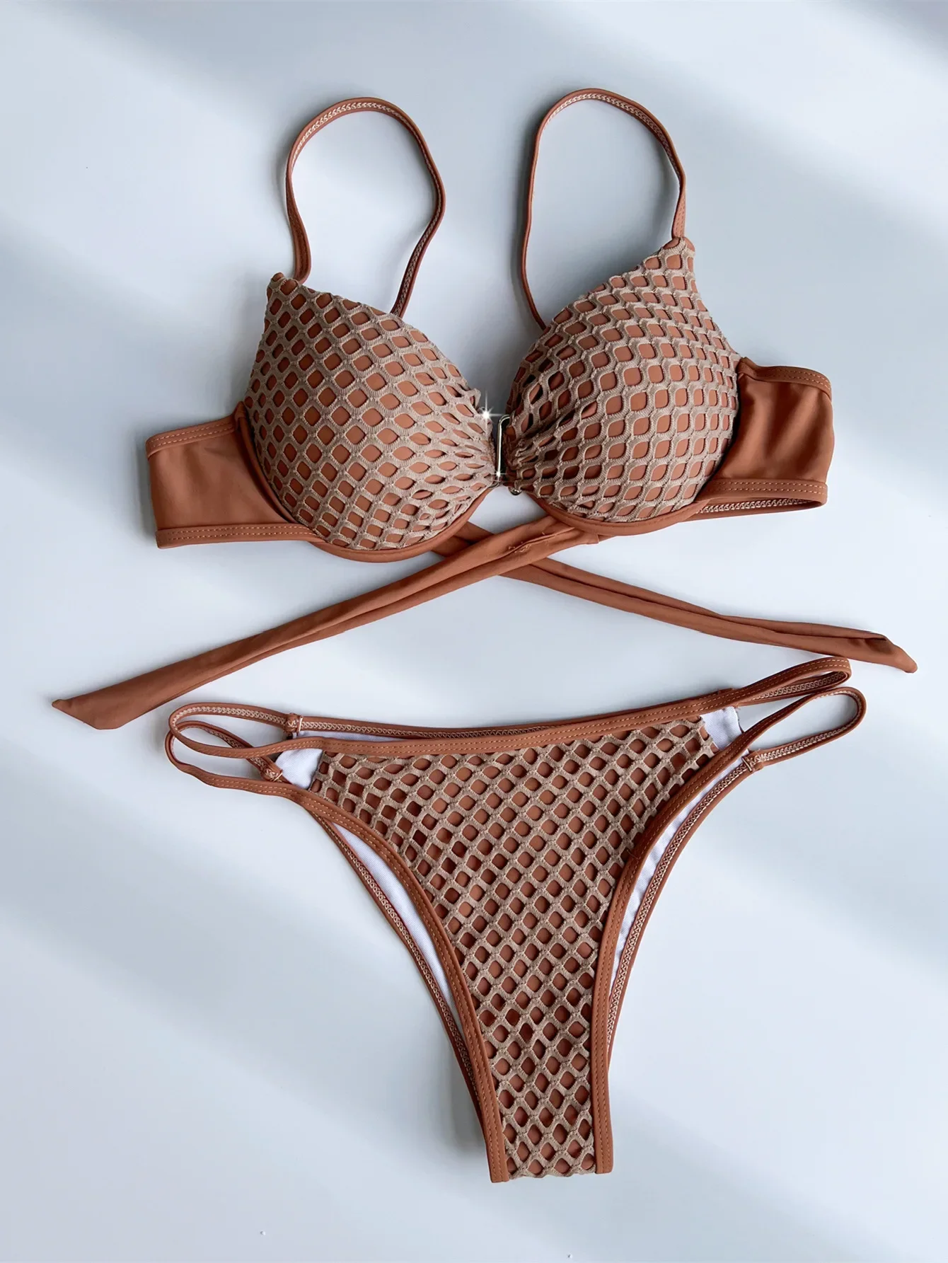 sexy caffè reticolo push up bikini set due pezzi 2024 donne cravatta backless costumi da bagno a vita alta costumi da bagno biquini tankini