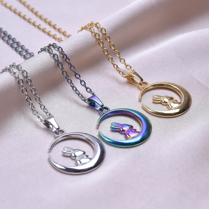 Kawaii Animal Rabbit Moon Pendant Necklaces For Women Men Accessories Stainless Steel Necklace Fashion Jewelry Neck Decoration