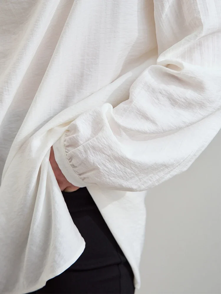 Amii Minimalist Solid Color Loose Mid Long Neck Lyocell Shirt 2025 Spring New Split Pearl Buckle Long Sleeve Casual Top 12551024