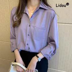 Office Pocket Single-breasted Personality Purple Blouse Women New Long Sleeve Korean Polo Collar All-match Chiffon Shirt 2022