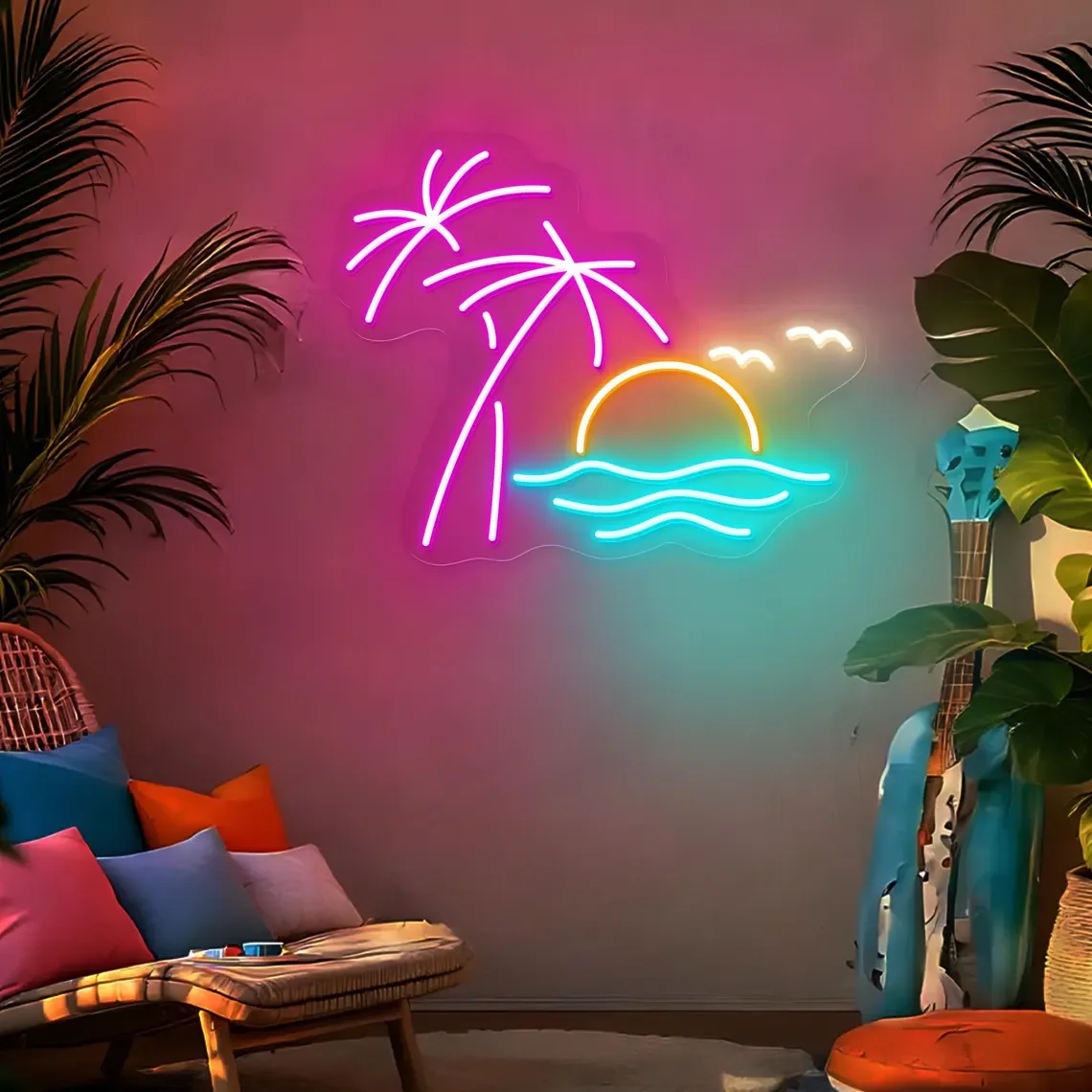 

Beach Sunset Neon Sign,Tropical Sunset Summer Vibes Neon, Beach Palm Tree Summer Party Home Wall Decor