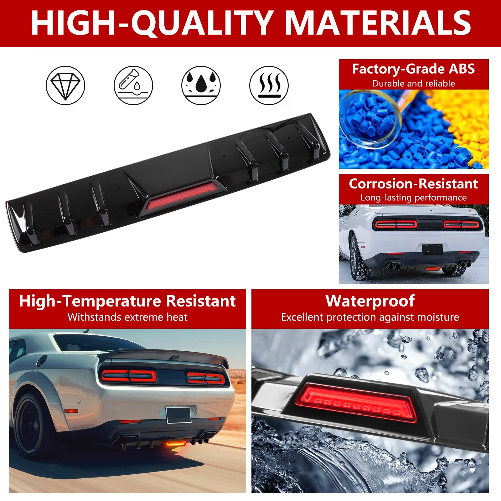 For Ford Focus Glossy Black Rear Bumper Diffuser Splitter Fin w/ LED Brake Light