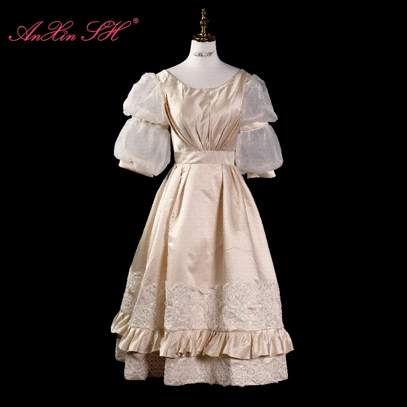 

AnXin SH princess champagne flower satin lace o neck illusion half puff sleeve ruffles a line lace up customized evening dress