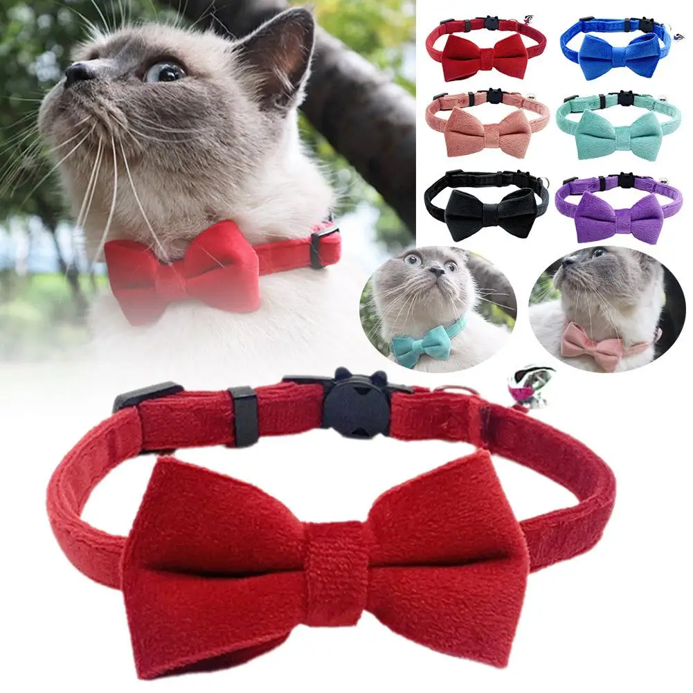 Suede Bow Collar Solid Color Bowknot Puppy Chihuahua Pets Safety Bow Accessories Bell Cats Tie Adjustable Buckle Collars wi J1A6