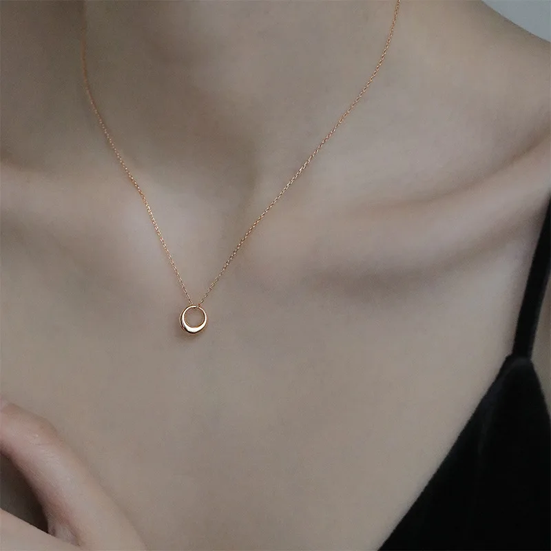 New S925 Sterling Silver Minimalist Circle Necklace Women's Simple Smooth Collarbone Chain Elegant Fine Jewelry Gift for Her