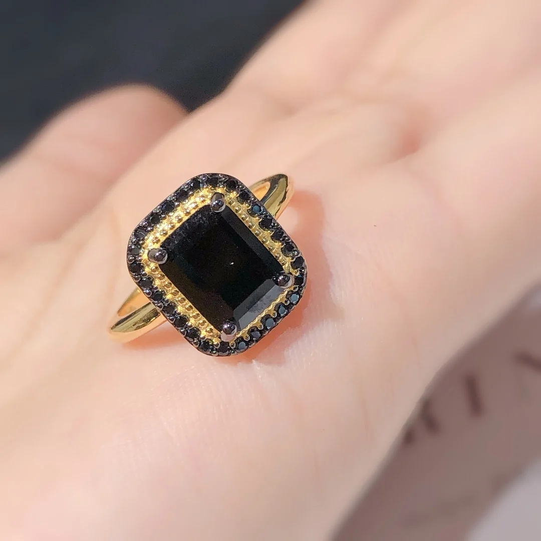 

18K Yellow Gold Ring for Women Silver 925 Original Natural Black Spinel Ring Gemstone Ring For Women Anniversary Gift Jewewlry