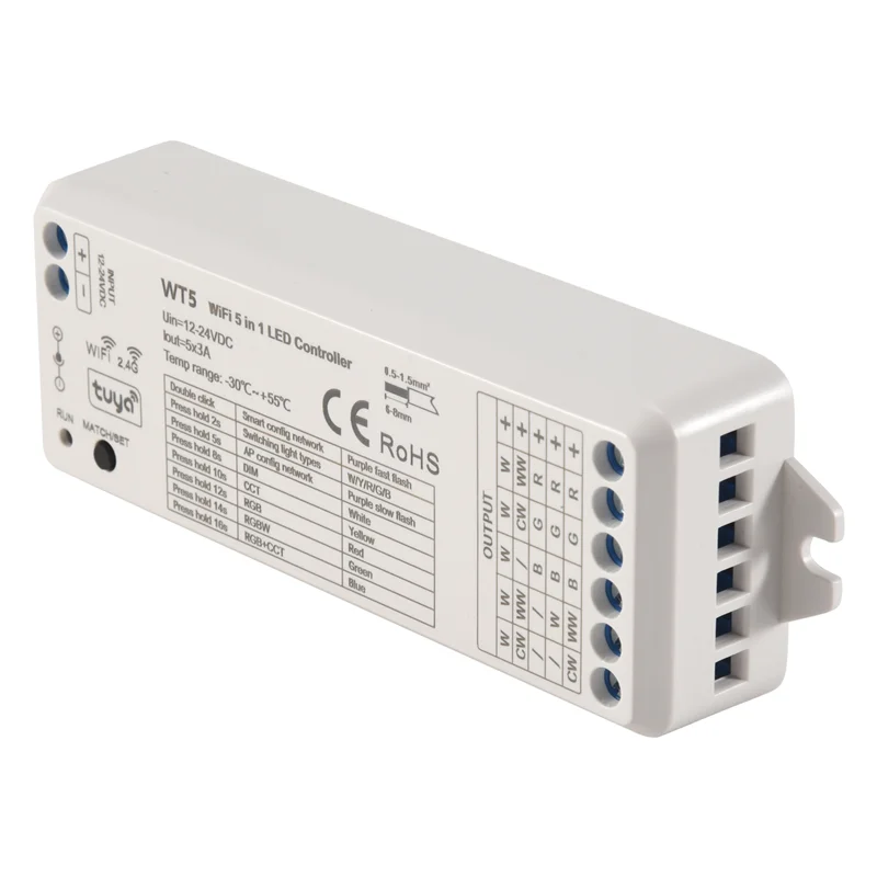 

Светодиодный контроллер ABGR-Tuya 5 в 1, диммер CCT RGB RGBW RGBWW RGBCCT Strip Smart Life Wi-Fi 2,4G RF пульт дистанционного управления 12-24 В WT5