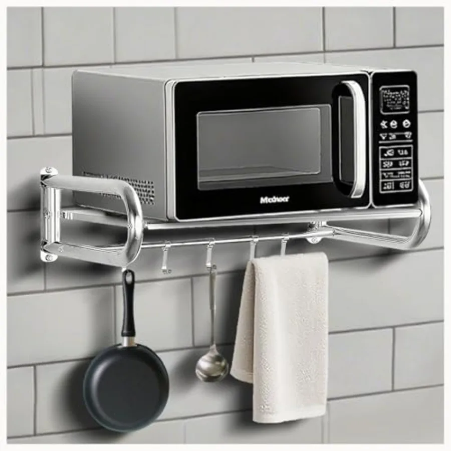 

Microwave Shelf Wall Mount, Microwave Wall Shelf with 5 Hooks and 2 Guardrails Wall-Mounted, For Small Microwave to Load Capaci