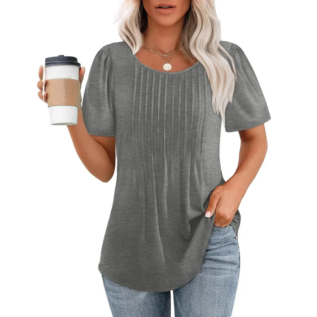 Loose Fit Pleated Top Loose Silhouette Western Style with Regular Length Round Neck Short Sleeve Patchwork Women T Shirts Spring