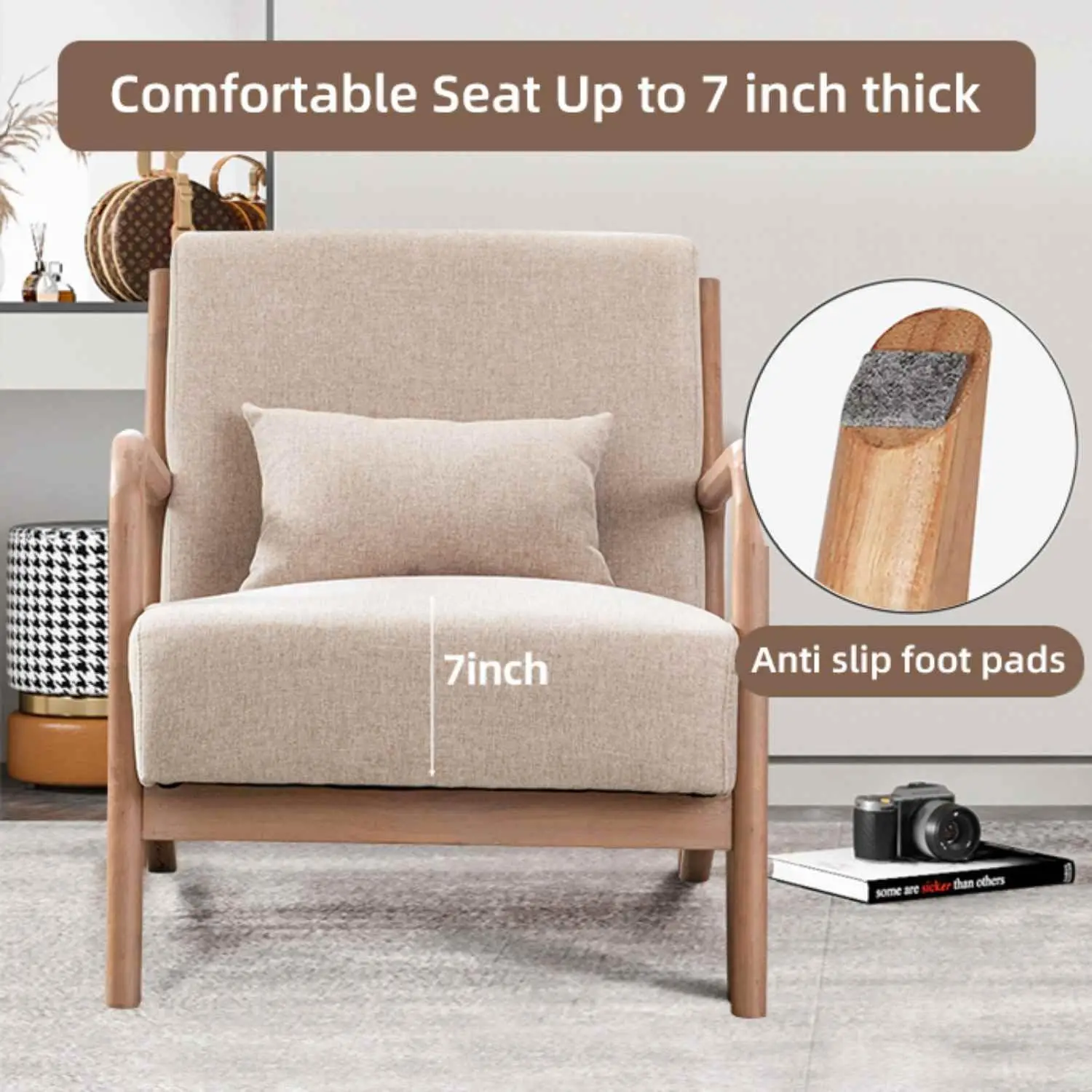 كرسي حديث لمنتصف القرن بإطار خشبي، وكراسي غرفة معيشة منجدة مع وسادة خصر، وكرسي قراءة لغرفة النوم