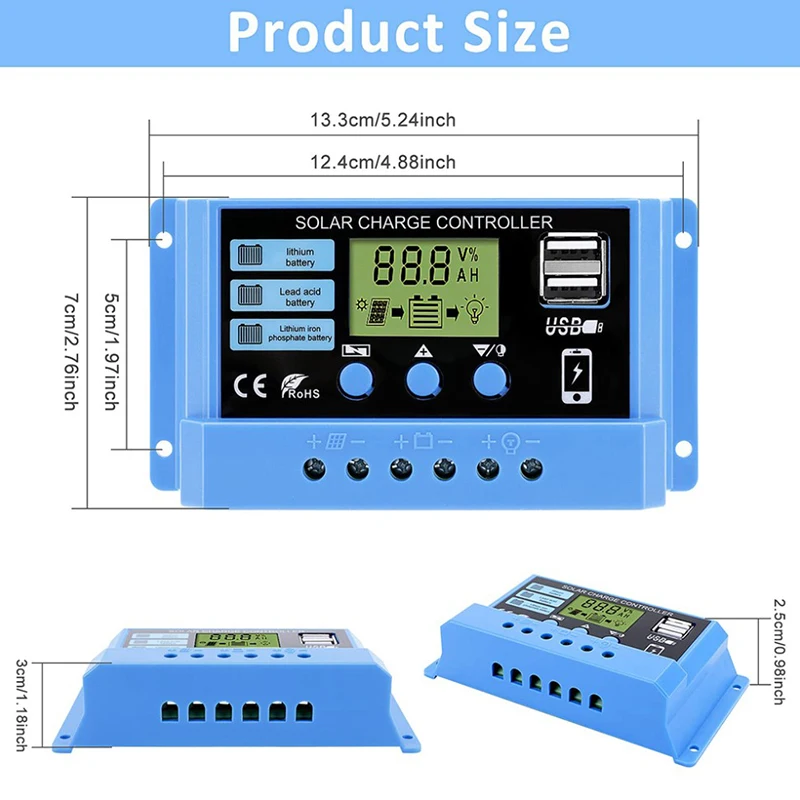 Solar Controller 12V/24V 30A 20A 10A Solar Regulator PWM Battery Charger LCD Display Dual USB 5V Output