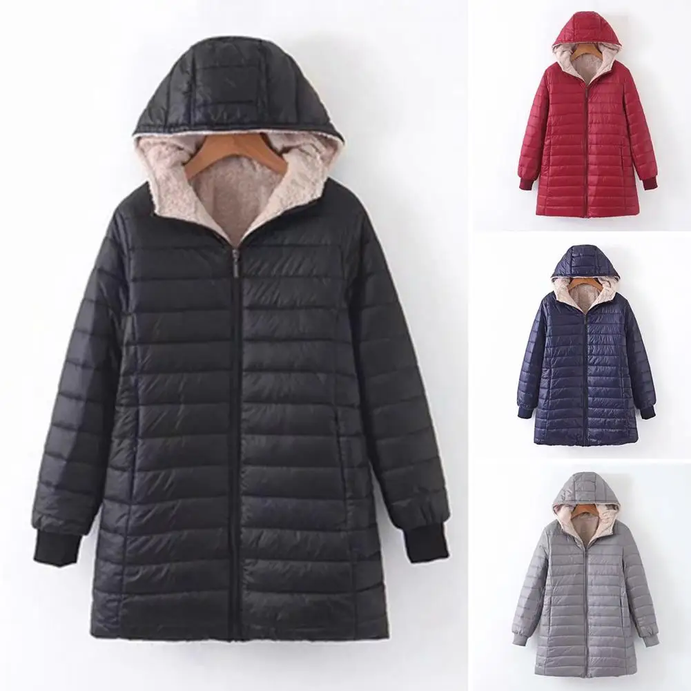 Winter Down Coat Thickened Padded Plush Hood Mid Length Full Zipper Windproof Long Sleeves Pockets Warm Outwear Cotton Jacket