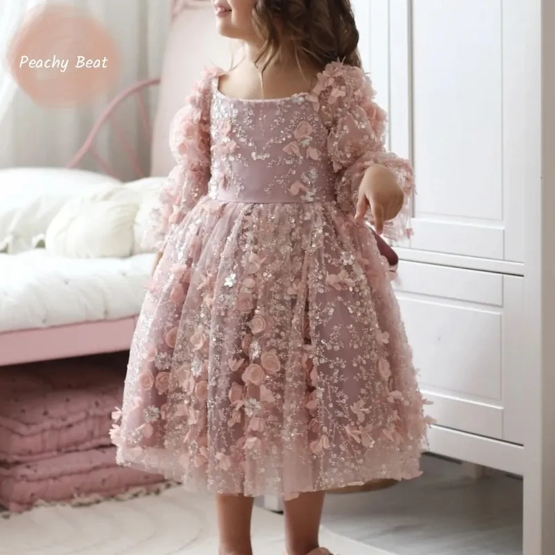 

Fashion Baby Girl Princess 3D Flower Bow Dress Infant Toddler Child Sequins Tulle Vestido Pageant Birthday Party Ball Gown 1-12Y