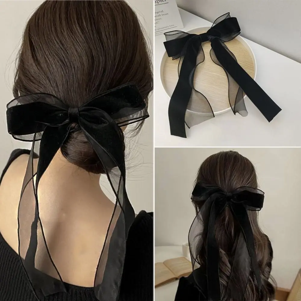 Velvet Hair Clip Retro Long Tulle Black Hair Bows Hair Ring Ribbon Hepburn Style Hairpin Lady Girls