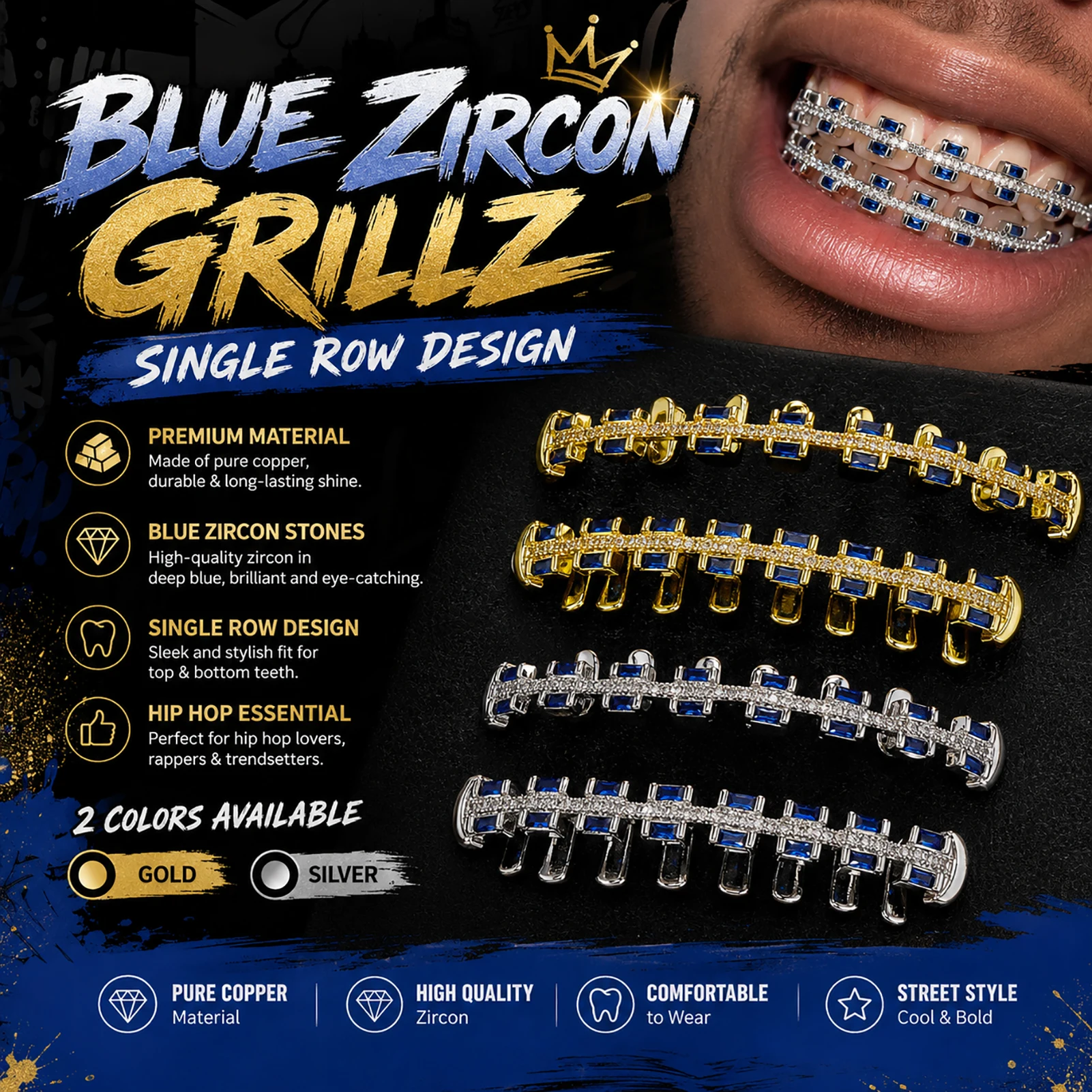 JINAO Hip-Hop Iced Blue Baguette CZ Stein 8 Zähne Rob Grillz Set für Herren & Damen – Glänzende quadratische Grillz für Ober- & Unterkiefer – Punk Rapper Geschenk – Detail 1