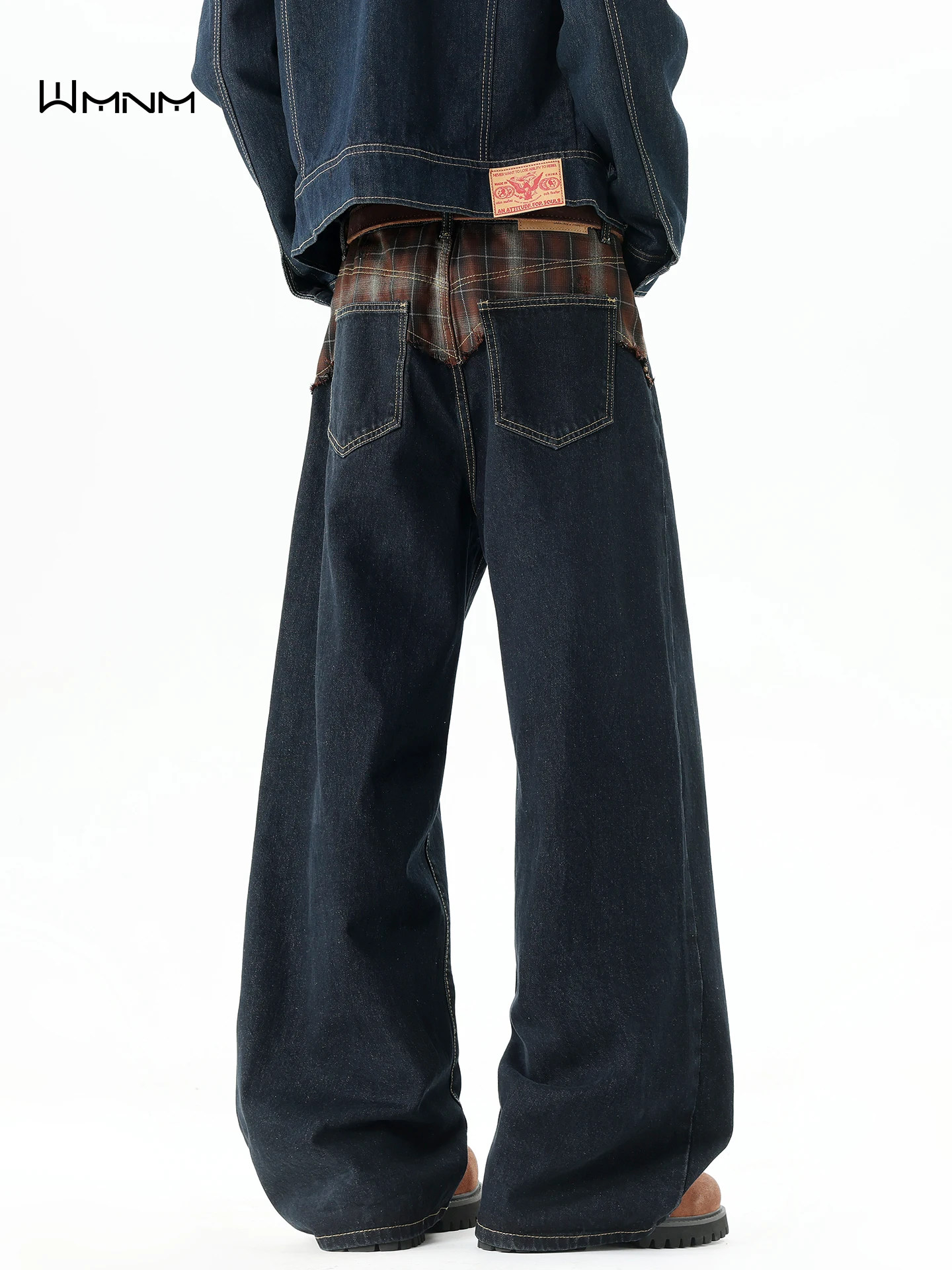 

American Retro Plaid Splicing Knife Thiened Casual Loose Straight Leg Jeans for Men Autumn Winter Faion Brand Straight Tu...