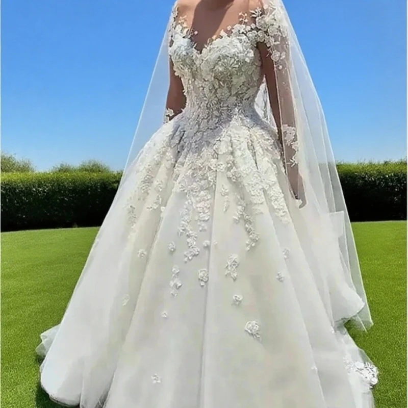

A-Line Wedding Dresses Bridal Gown A Line Beaded Crystals Jewel Sheer Neck 3D Floral Applique Lace Tulle Sweep Train Long Sleeve