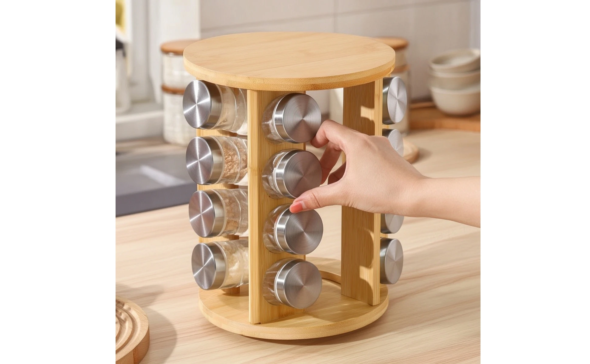Bamboo Seasoning Rack with Glass Jars Countertop Seasoning Rack with Jars Seasoning Bottle Set Revolving Rotating for Cooks