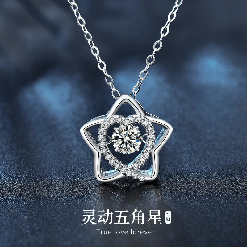 

S925 pure silver necklace, women's pentagram pendant, moissanite jewelry, Korean version, dynamic collarbone chain jewelry