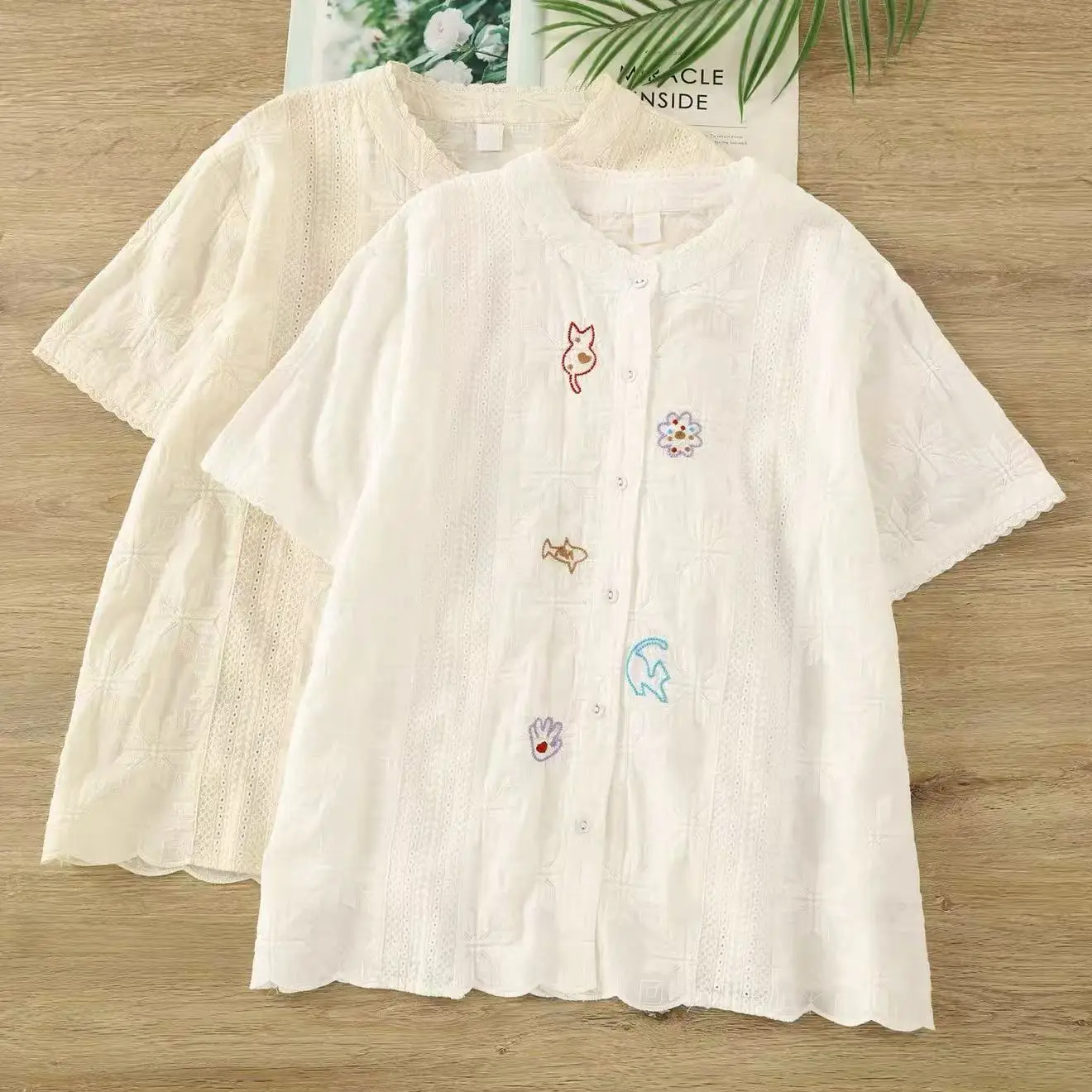 

2026 Women's Cute Embroidered Button-Down Shirt Lace Trim Jacquard Short Sleeve Blouse Cottagecore Mori Girl Pure Cotton Top