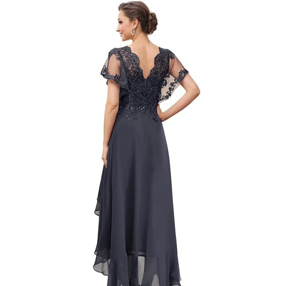 Customized Mother of The Bride Dresses for Women Tea Length V Neck Chiffon Appliques Lace Wedding Dress Formal Evening Gown