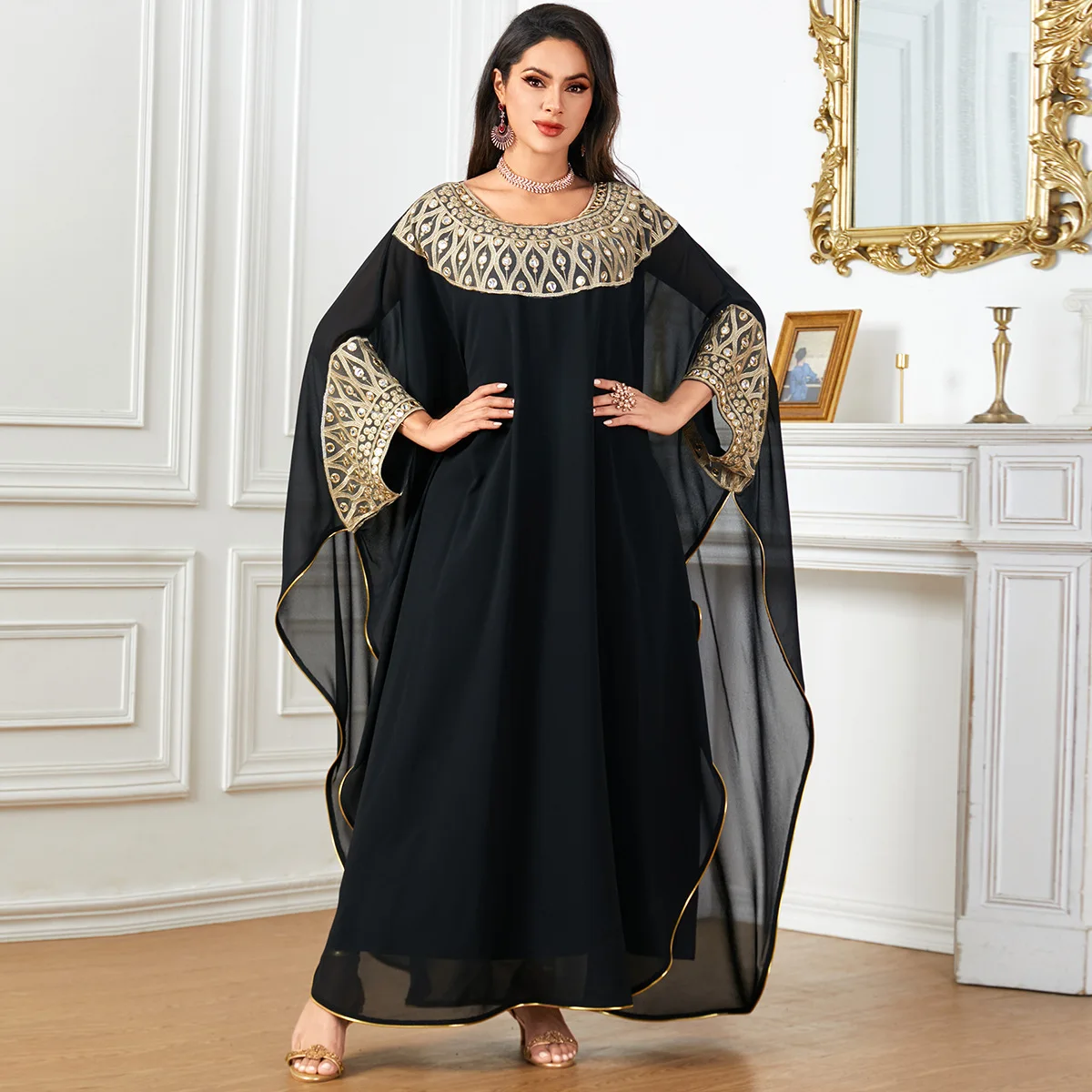 Marokko-Kaftan, schwarzes muslimisches Maxikleid mit Fledermausärmeln für Frauen, 2024, Dubai, Abaya, Türkei, arabische Robe, Kaftan, Djellaba, Jalabiya Eid