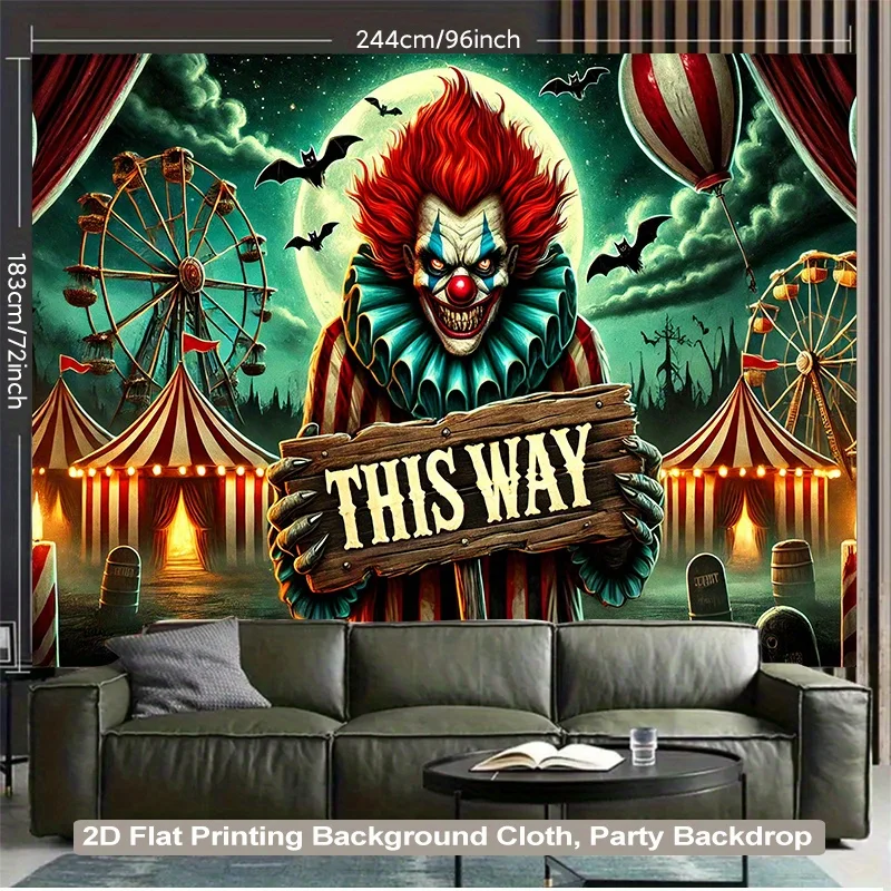 مسطح ثنائي الأبعاد، قطعة واحدة من نسيج خلفية كرنفال المهرج المرعب، مع مهرج على طراز Pennywise وتصميم موضوع "It" #4