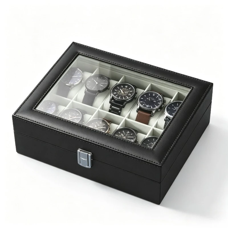 3/6/10 Plaid Watch Display Box Transparent Glass Top Detachable Pillow PU Leather Watch Storage Box Jewelry Collection Gifts