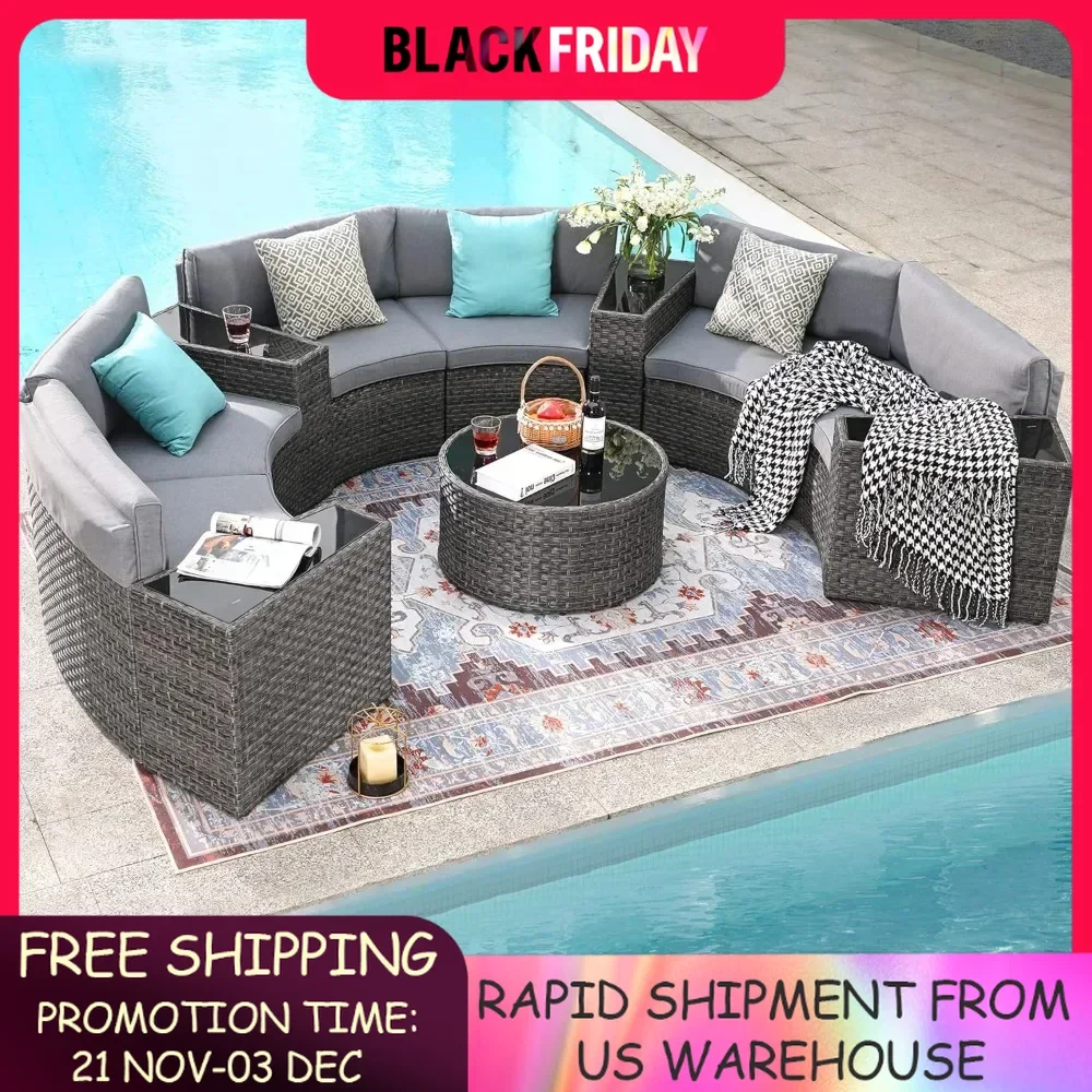 Outdoor Patio Furniture 11-Piece Half-Moon Sectional Round Set Curved Sofa with Coffee Table Suitable for outdoor courtyard use