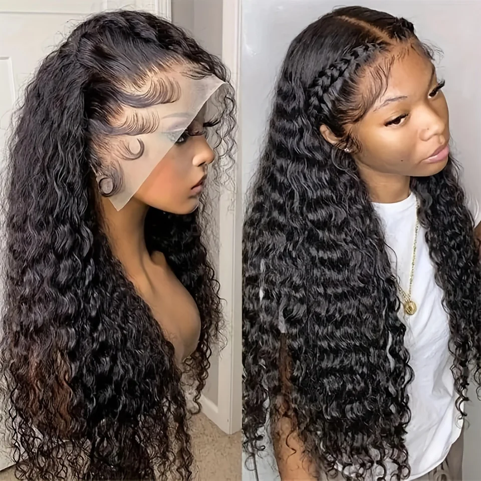 Brazilian Human Hair Wig Deep Curly Water Wave 200% Density Lace Frontal Transparent 13x6 HD for Women on Sale