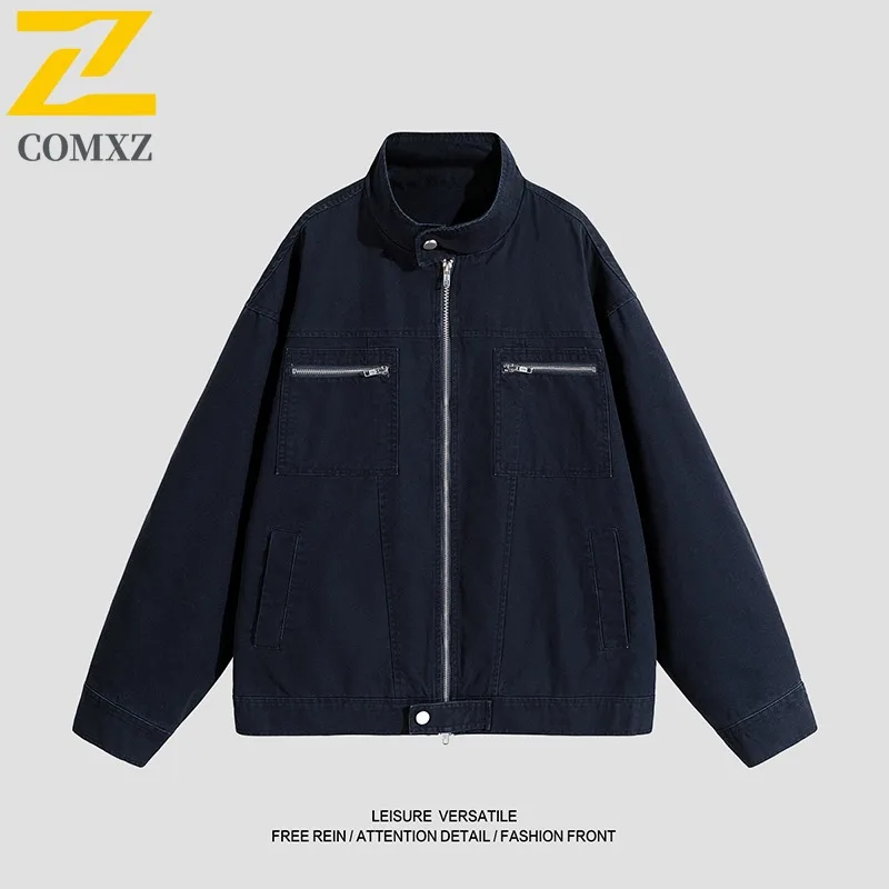 

COMXZ 2025 New Spring Autumn Trendy Jacket American Vintage Workwear Washed Distressed Jacket Coat Loose Top Trend Autumn