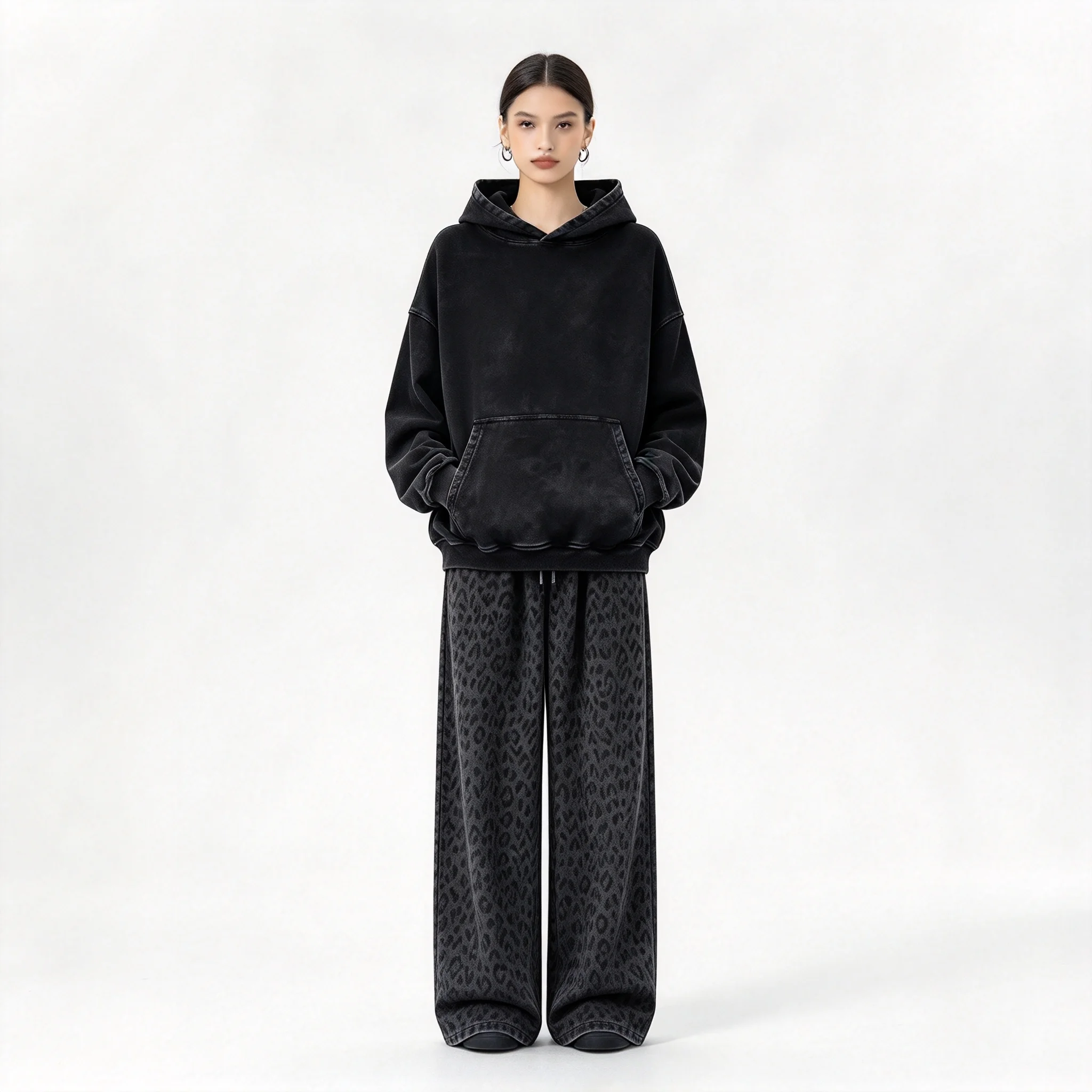 Vintage Washed Hoodie Leopard Wide Leg Pants Set Women Casual Loose 2 Piece Outfit Streetwear Tracksuit
