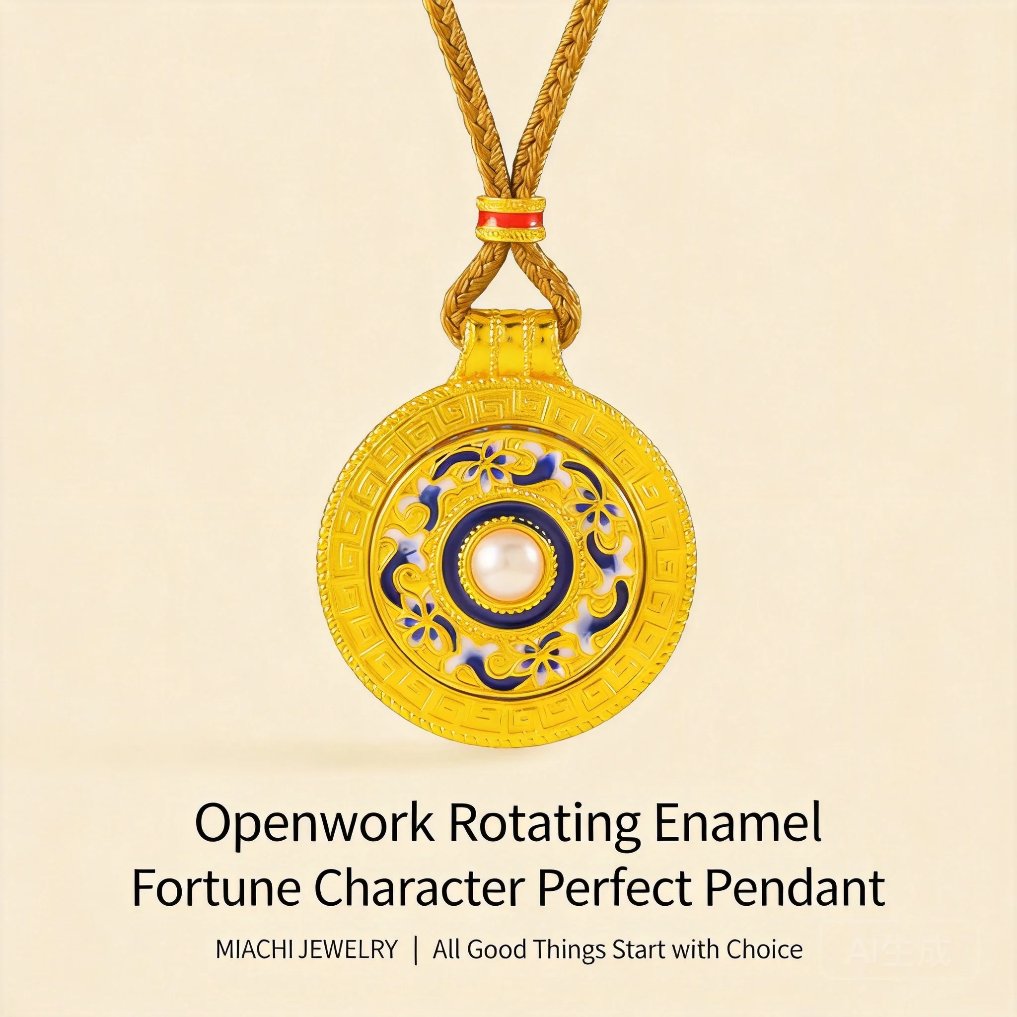 24k Gold Plated Chinese Style Rotatable Hollow Enamel Fu Character Pendant Pearl Inlaid Eight Treasures Compass Sweater Chain