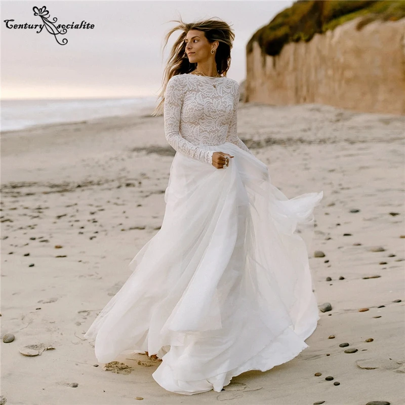 Beach Wedding Dresses for Women 2025 Lace Tulle Backless Long Sleeve A Line Rustic Boho Bridal Gowns for Women Bride Customized