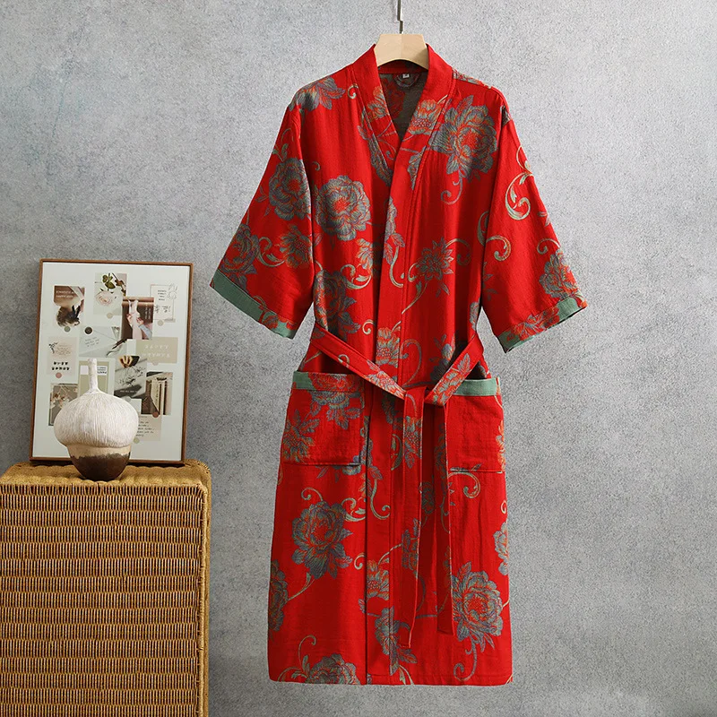 

Хлопковый модный банный халат-кимоно с короткими рукавами и принтом на весну и лето, тонкая домашняя одежда, впитывающий быстросохнущий халат для сна
