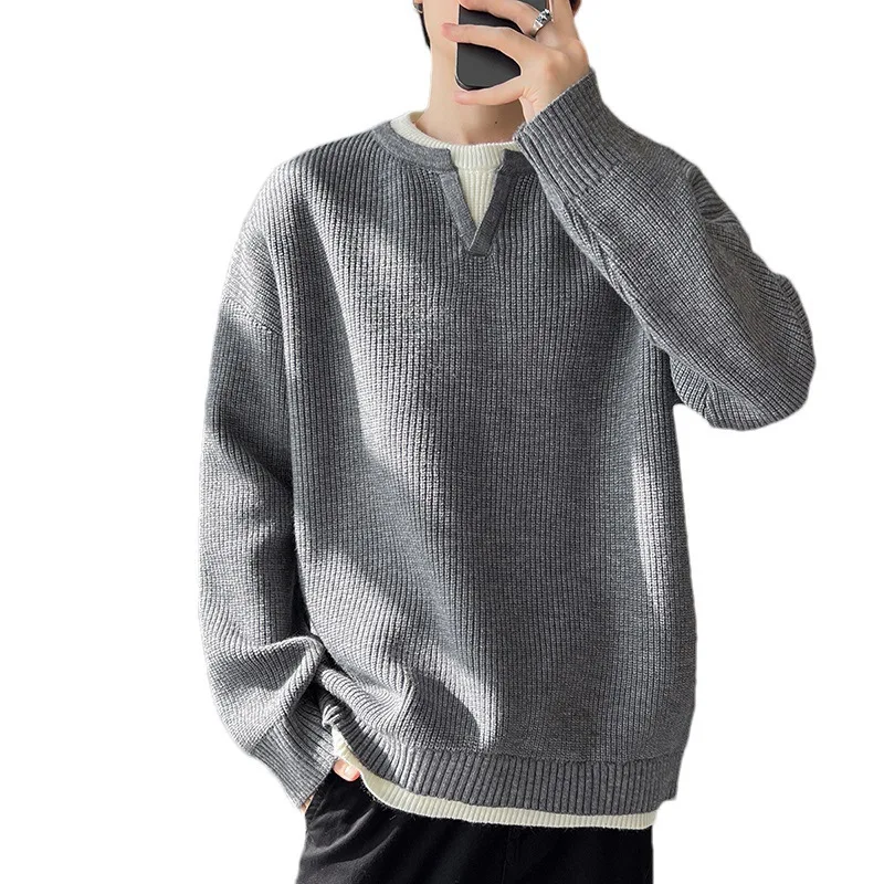 

Spring Summer Knitted Sweater Men's Lazy Style Pullover Thread Coat Loose Inside with Base Fake Two Pieces