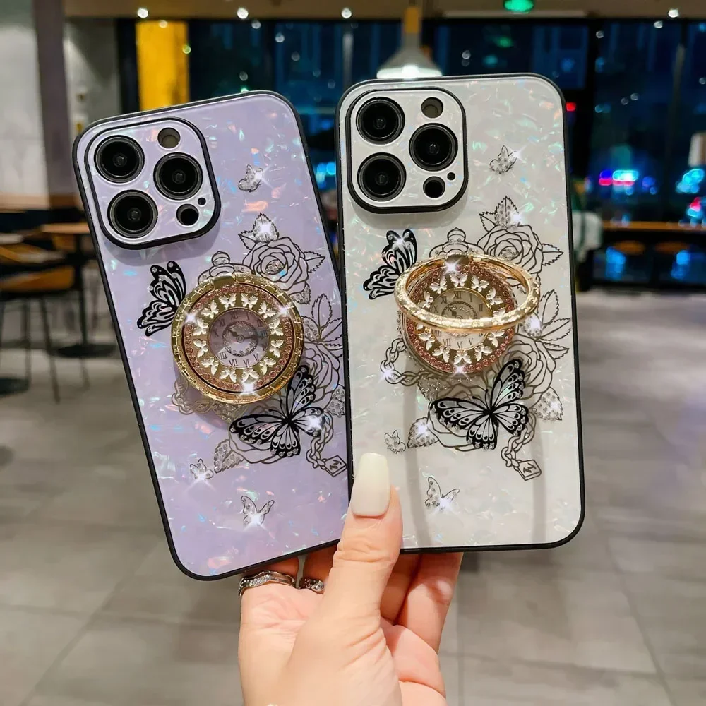 Light Luxury Style Florals Diamond Encrusted Stand Phone Case for IPhone 16 15 Plus 14 13 12 11 Pro Max Magnetic Anti-Drop Cover