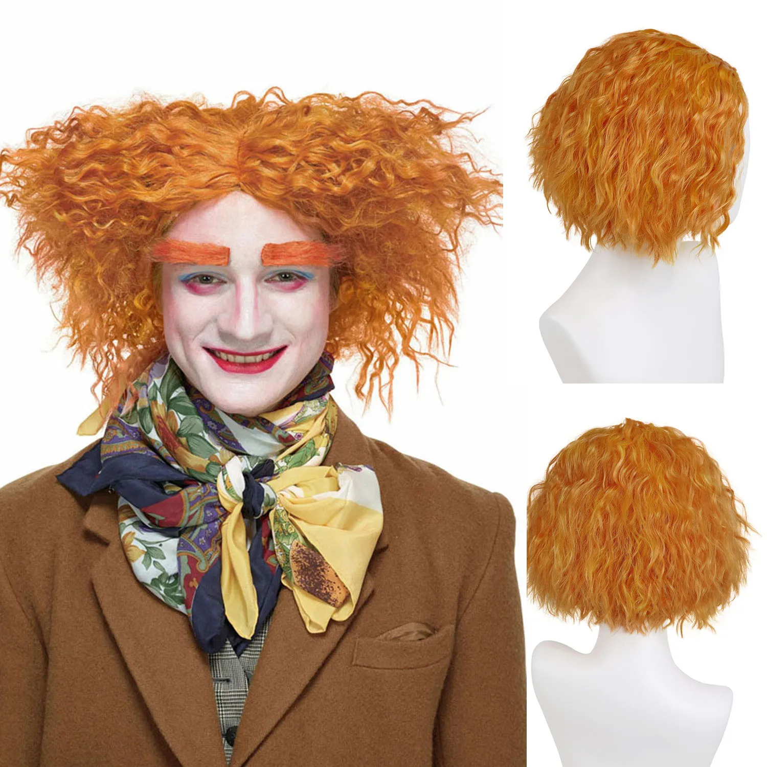 

Short Messy Curly Orange Wigs Unisex Heat Resistant Synthetic Hair for Cosplay Costume Holloween Mad Clown Wig Mad Hatter Men