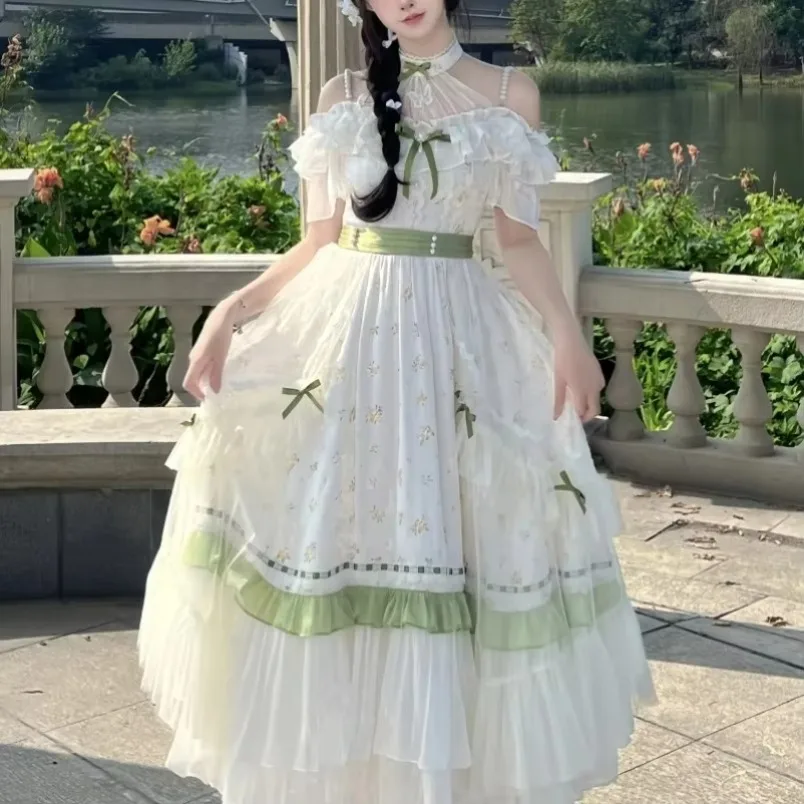 Vrouwen Victoriaanse Vintage Lolita Japanse Op Dresssweet Strik Ruches Off Shoulder Gebloemde Lange Jurken Elegante Prinses Feestjurk