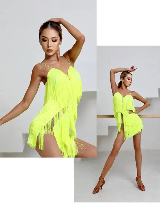 neon yellow black pink fringe latin dress sexy latin competition latin dressTango Salsa Cha Cha Samba Rumba dress